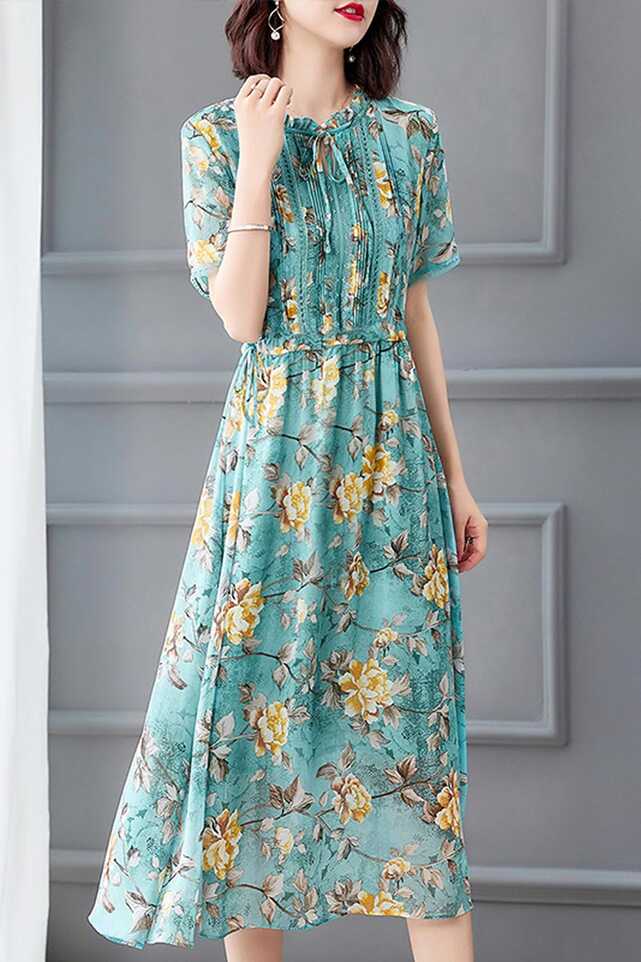 Women&#39;s Green Floral Printed Chiffon Holiday Party Maxi Dress ...