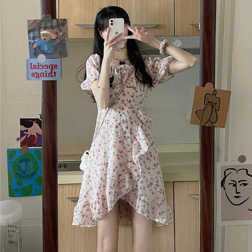 Women&#39;s Kawaii Puff Sleeved Falbala Floral Dress – Kawaiifashion