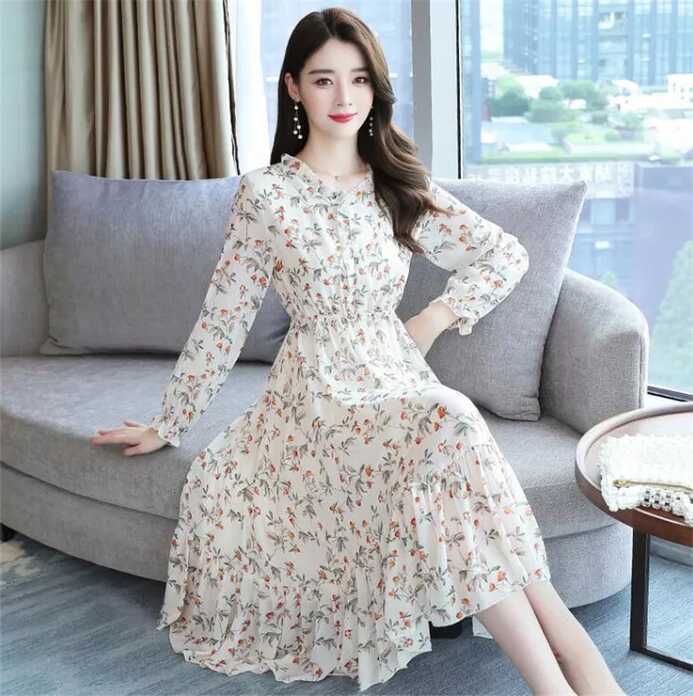 Women&#39;s Knee High Dress Floral Chiffon Long Sleeve Fashion Casual ...