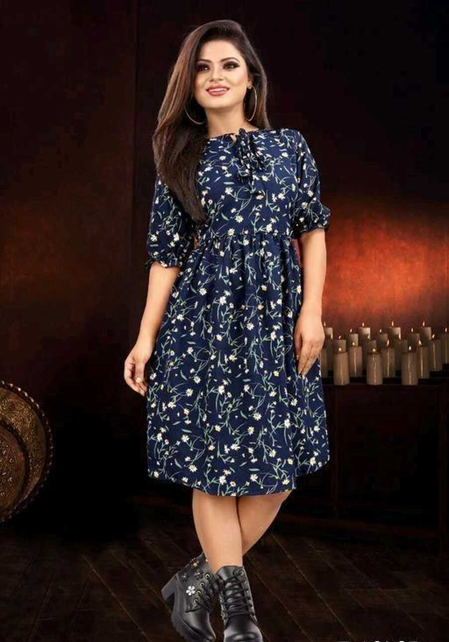 Women&#39;s Knee Length Navy Blue Casual Floral Dress – Designer mart