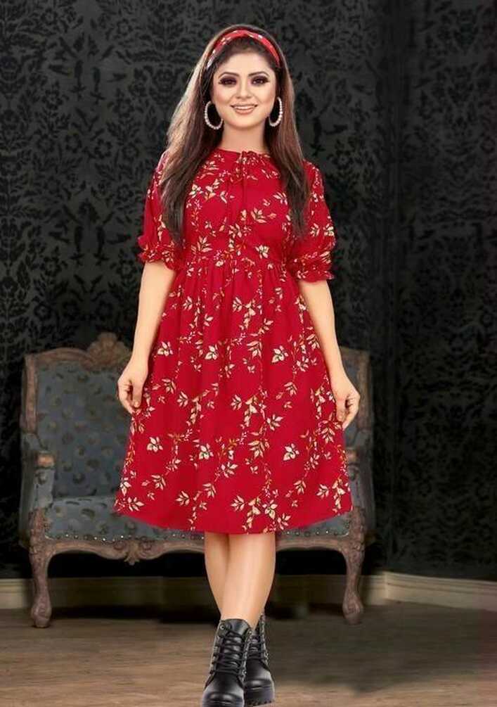 Women&#39;s Knee Length Red Casual Floral Dress – Designer mart