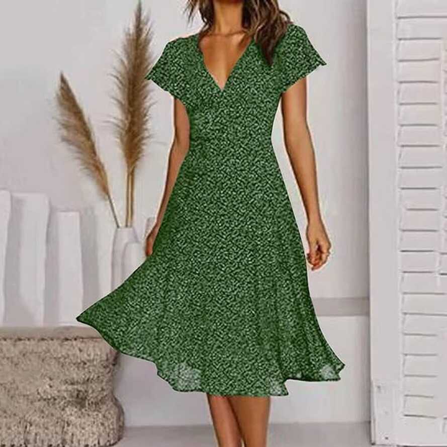 Women&#39;s Knee-Length Summer Dress with Short Sleeves and V-Neck ...