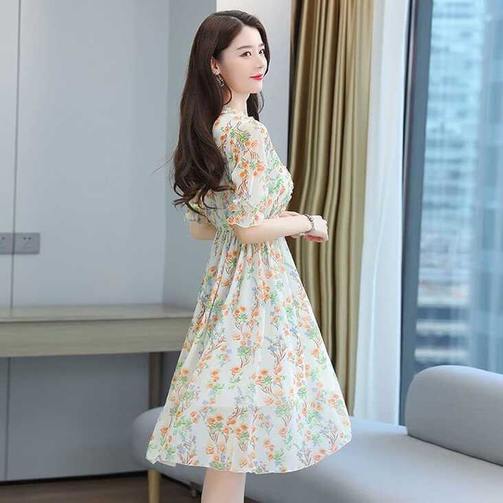 Women&#39;s Korean Style Ruffle Sleeve Mid-Length Dress Summer Print ...