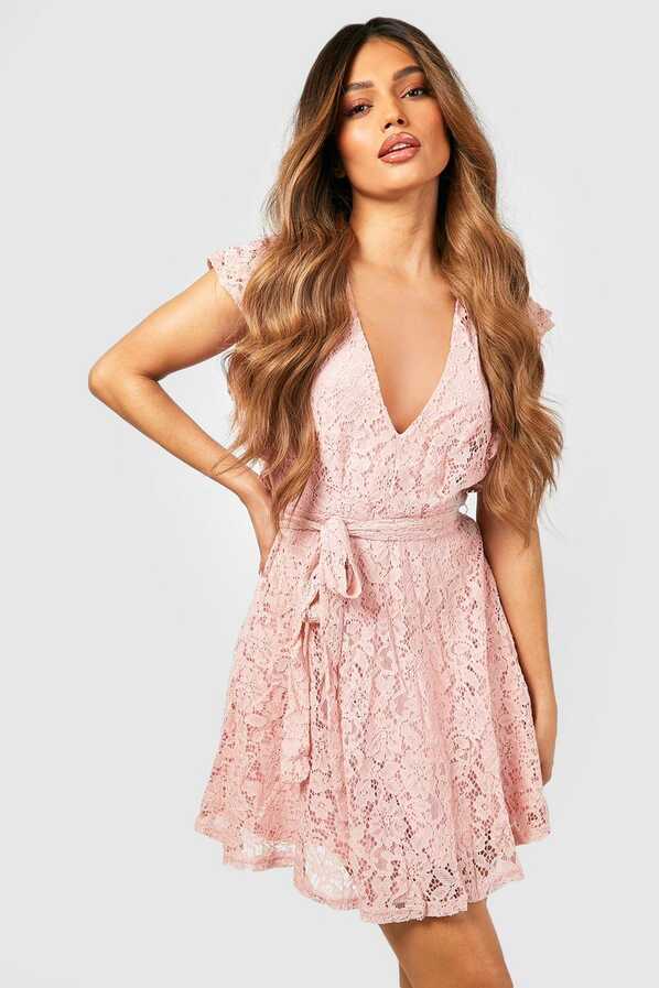 Women&#39;s Lace Ruffle Sleeve Skater Dress | Boohoo UK