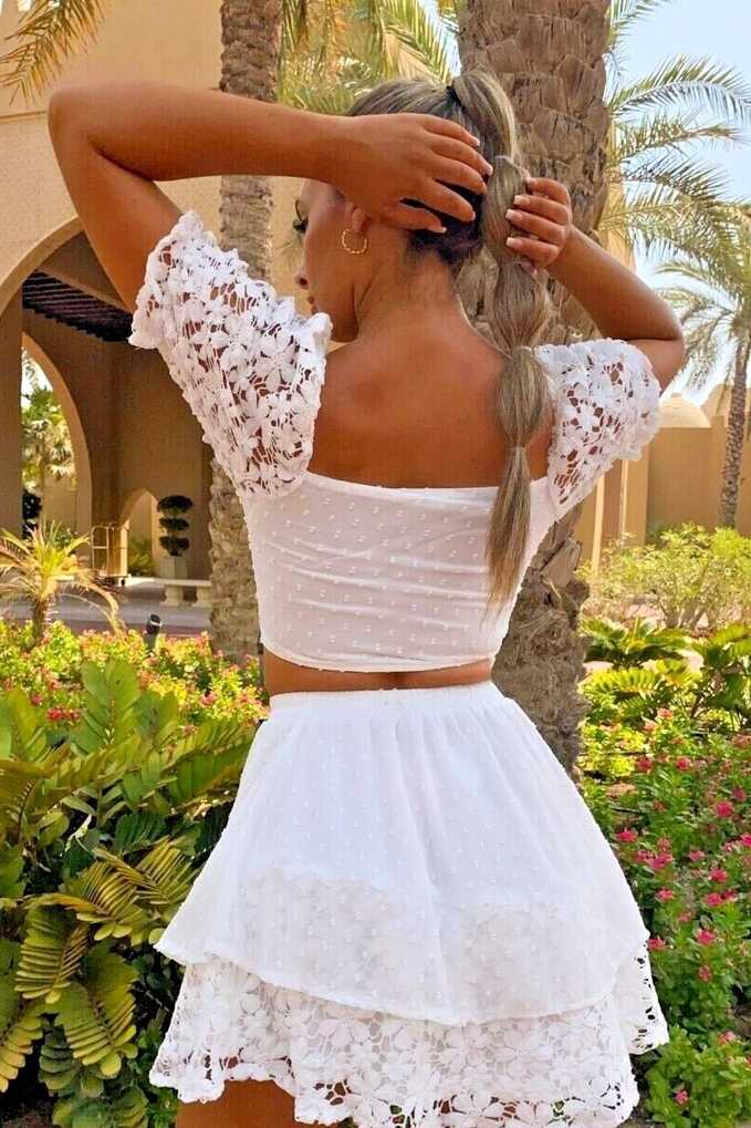 Women&#39;s Lace Two Piece Set Casual Party Short Sleeve Crop Top and ...