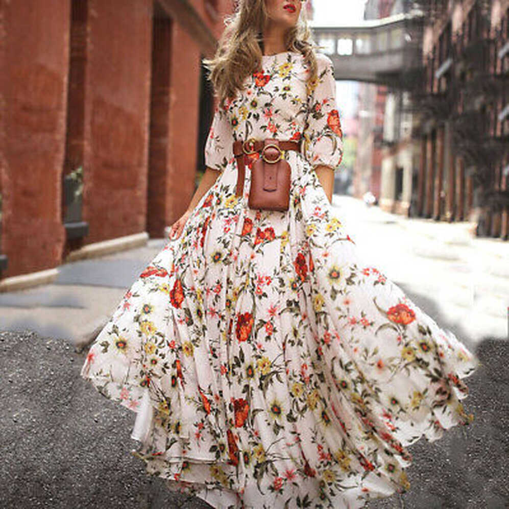 Women&#39;s Long Sleeve Boho Maxi Ladies Summer Floral Dresses Flower ...