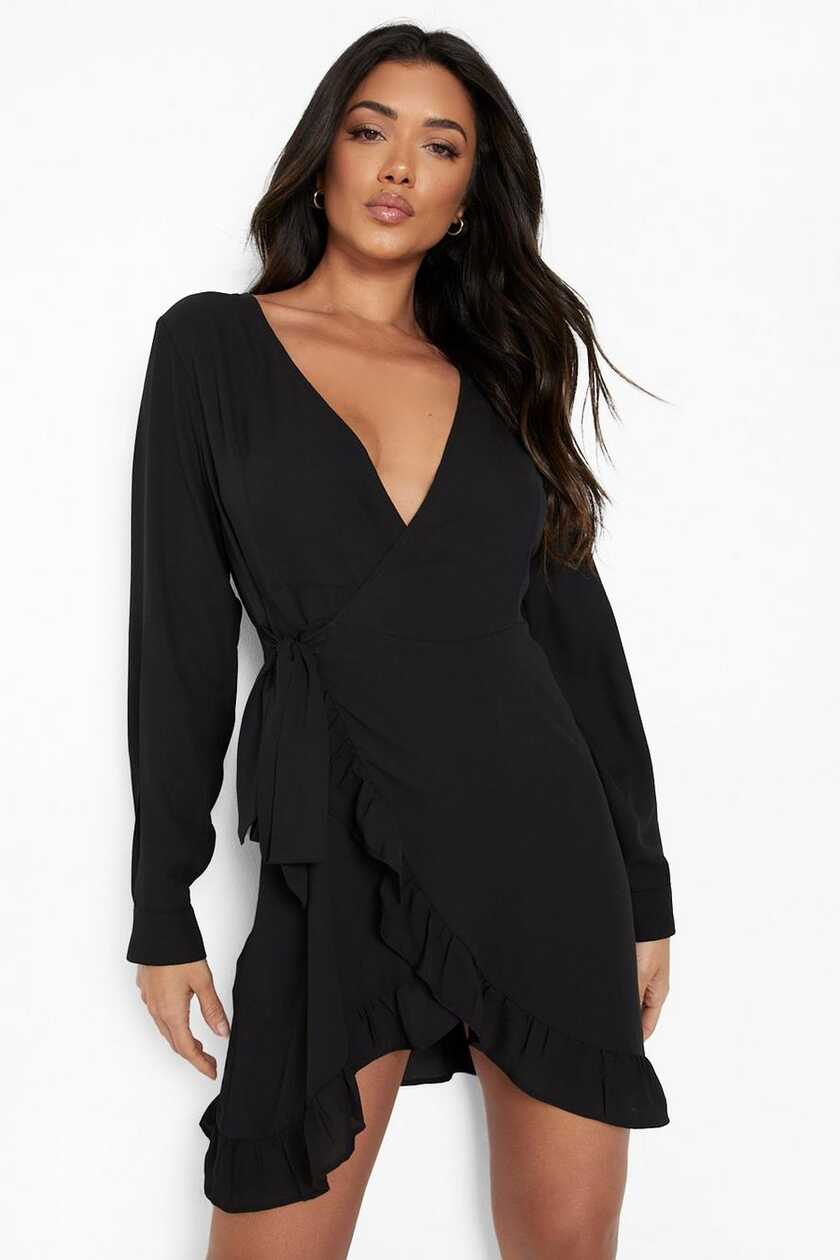 Women&#39;s Long Sleeve Ruffle Wrap Tea Dress | Boohoo UK