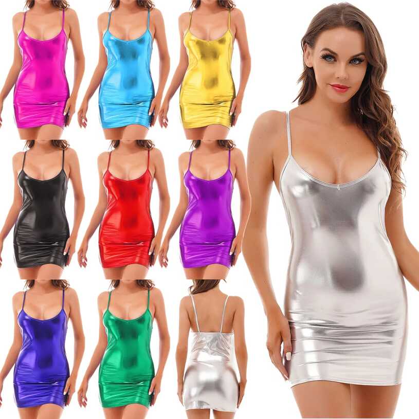 Women&#39;s Metallic Bodycon Mini Dress Spaghetti Straps Backless ...