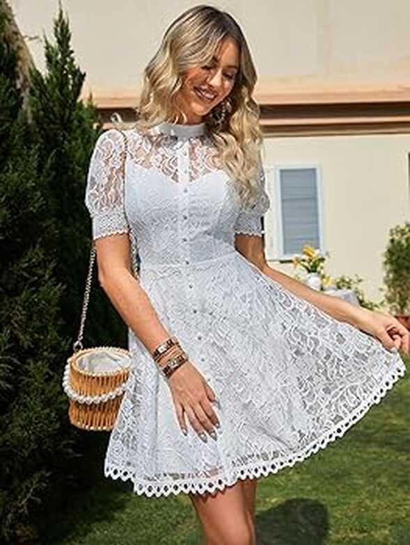 Women&#39;s Mock Neck Puff Sleeve Lace Short Dress A-Line High Waist ...