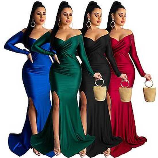 Women&#39;s Off Shoulder High Split Long Formal Party Maxi Dress ...