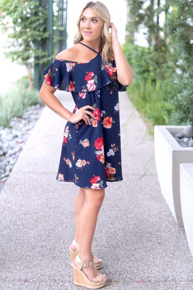 Women&#39;s Off the Shoulder Floral Blue Dress - Sexy Mama