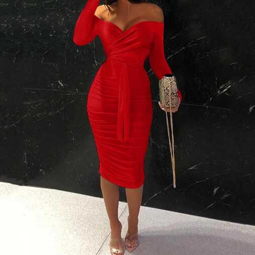 Women&#39;s Pencil Work Dresses Deep Plunge V Neck Long Sleeves Draped ...