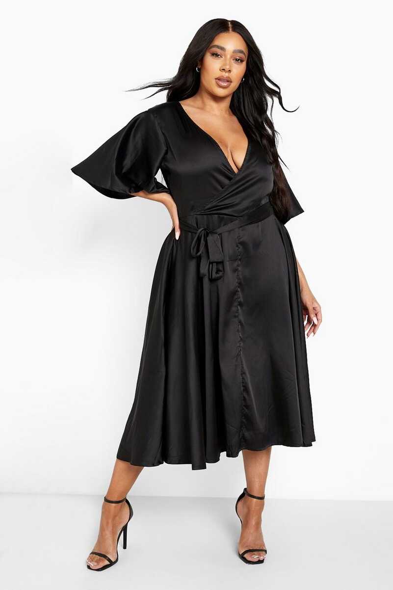 Women&#39;s Plus Satin Angel Sleeve Wrap Midi Dress | Boohoo UK