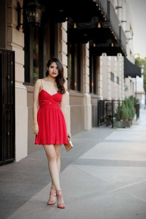 Women&#39;s Red Chiffon Party Dress, Red Leather Heeled Sandals, Gold ...