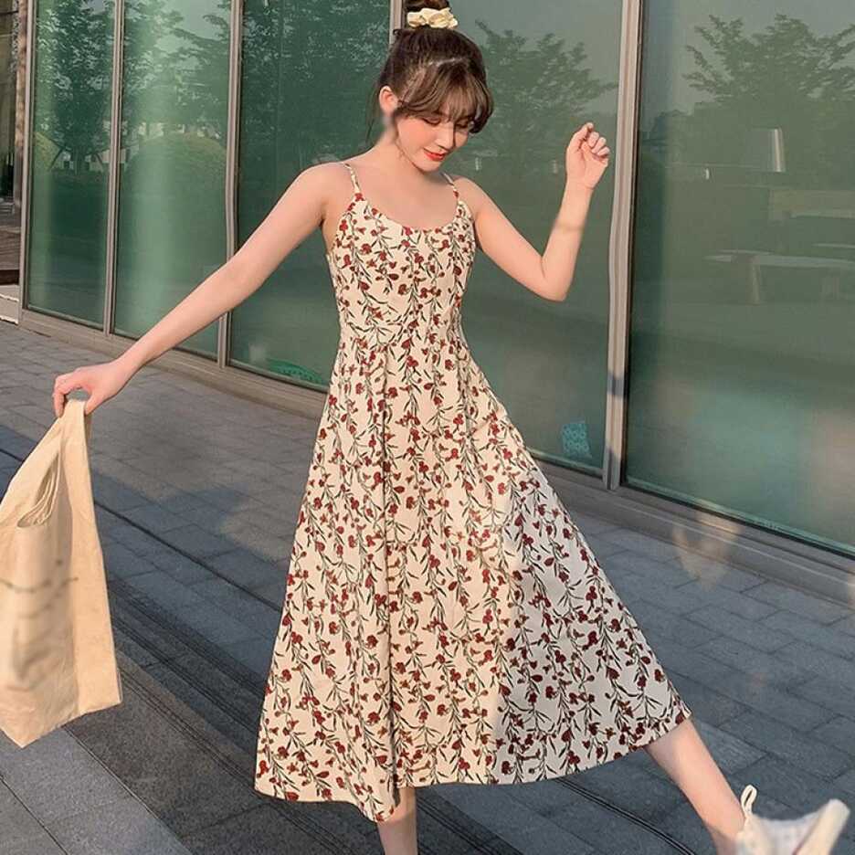 Women&#39;s Round Neck Floral Spaghetti Strap Summer Dress Midi Swing ...