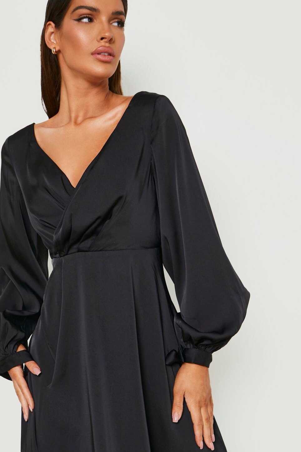 Women&#39;s Satin Long Sleeve Wrap Midi Dress | Boohoo UK