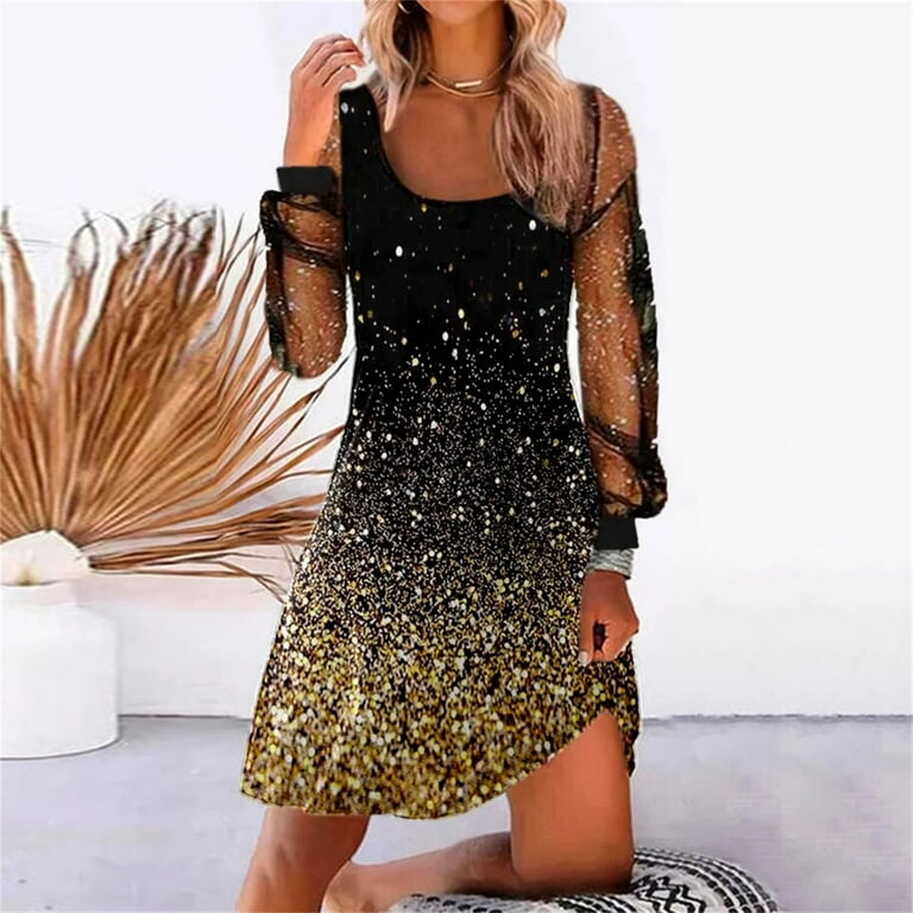 Women&#39;s Sequin Mini Dress Mesh Long Sleeve Sparkle Glitter Dress ...