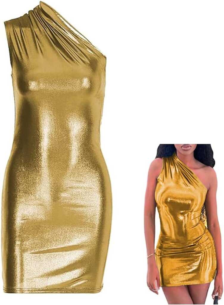 Women&#39;s Shiny Dress, Metallic One Shoulder Ruched Bodycon Club ...