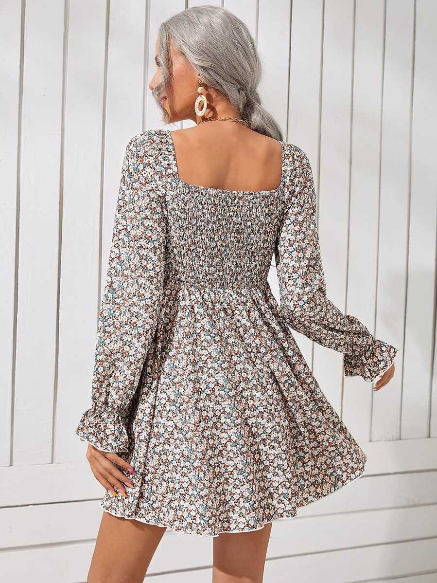 Women&#39;s Short Dresses Floral Shirred Bodice Long Sleeve Square ...