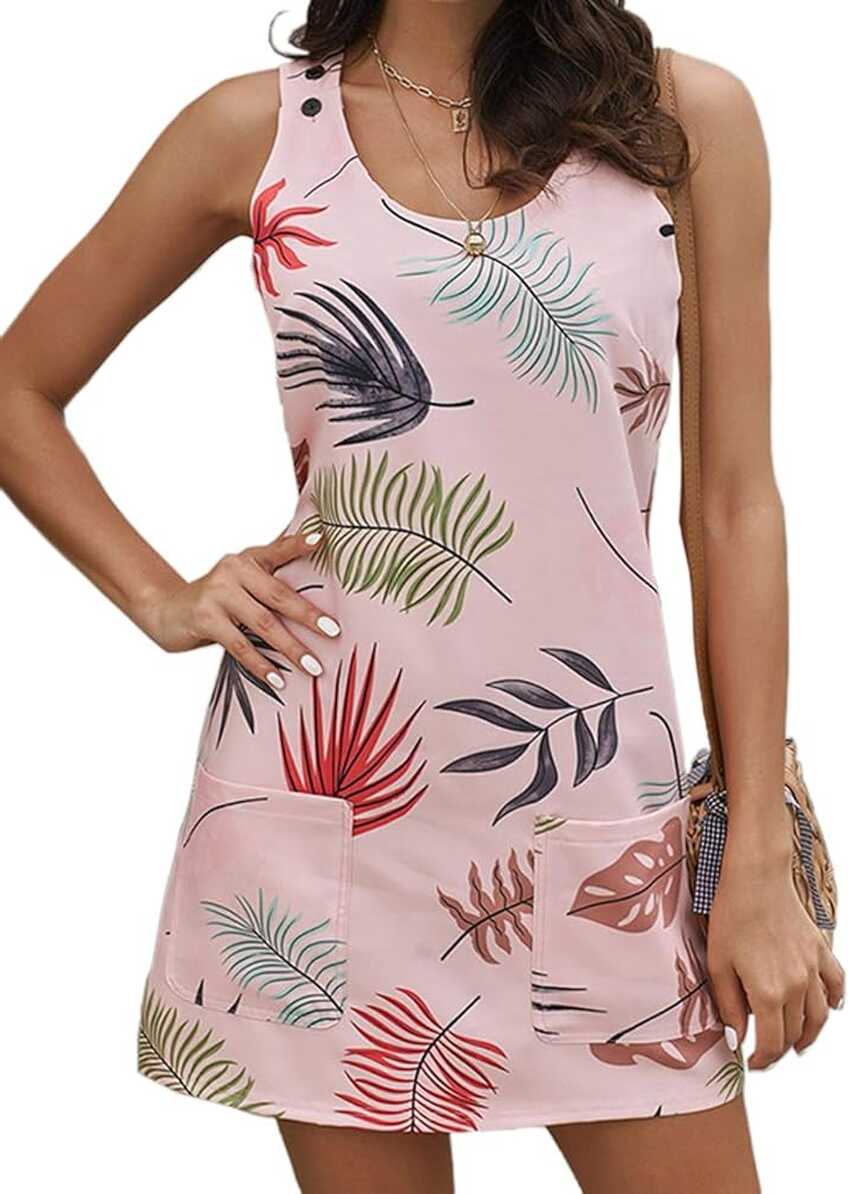 Women&#39;s Sleeveless Button Shoulder Tropical Short Tank Dress ...