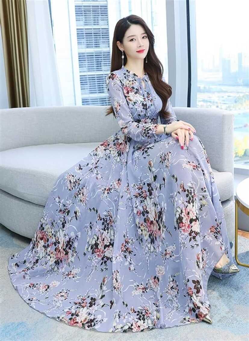 Women&#39;s Slim Fit Lace Long Dress, Long Sleeve Floral Chiffon Dress ...