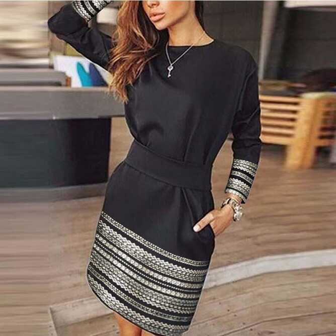 Women&#39;s Spring/Autumn Casual O-Neck Long-Sleeved Knee-Length Dress