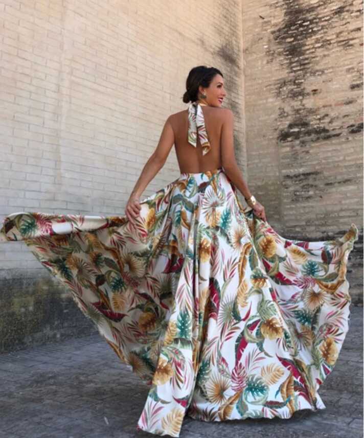 Women&#39;s Summer Casual Backless Long Dress With Floral Print