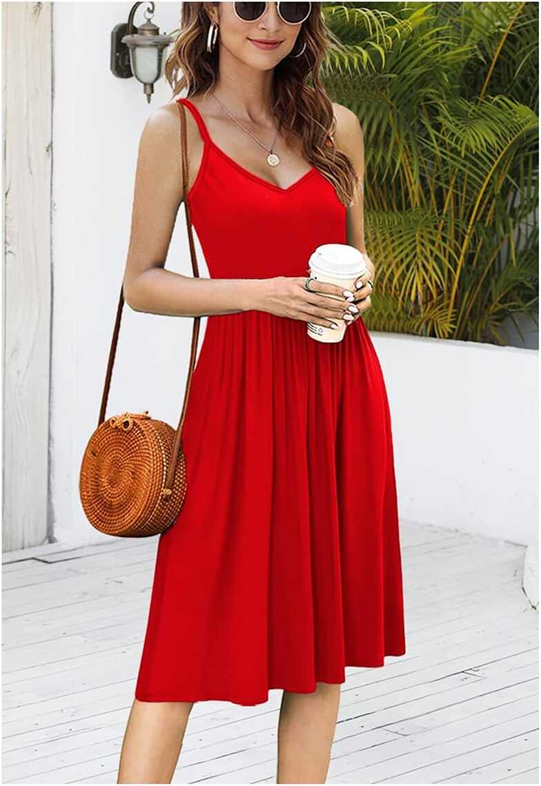 Women&#39;s Summer Casual Swing Midi Dresses Spaghetti Strap V-Neck ...