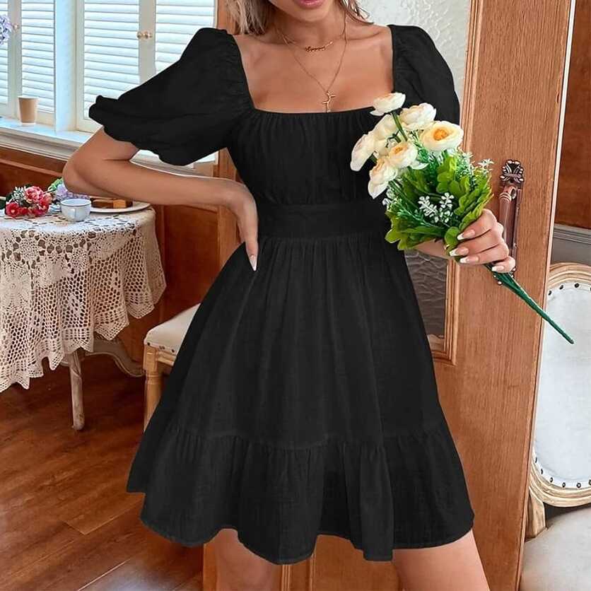 Women&#39;s Summer Dress, Black Cotton, Plain Square Neck, Backless ...