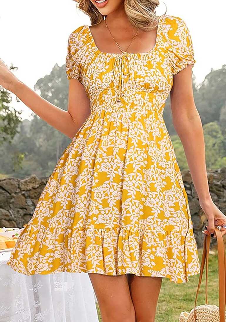 Women&#39;s Summer Dresses Puff Sleeves Vintage Sexy Casual Tunic ...