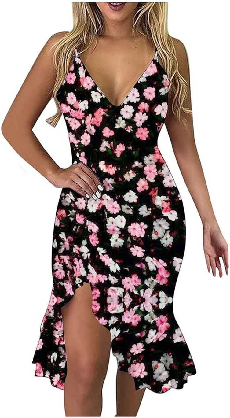 Women&#39;s Summer Floral Print Beach Dress Slim Fit Side Slit Bodycon ...