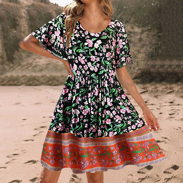 Women&#39;s Summer Floral Print Ruffle Mini Dress Short Sleeve Elastic ...