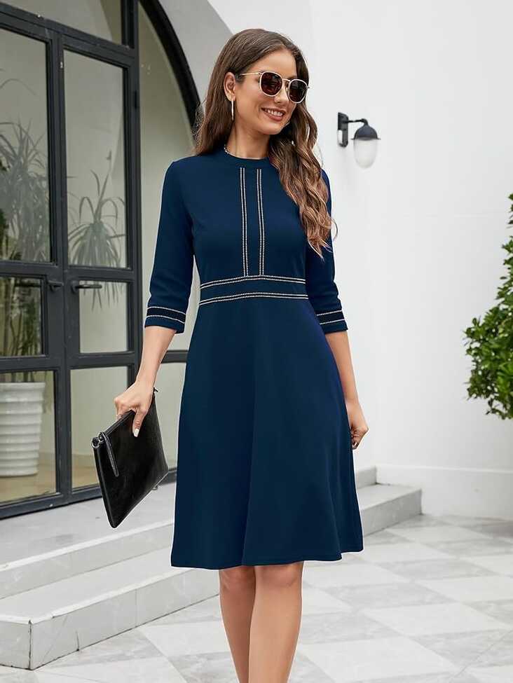 Women&#39;s Summer Knee Length Dress Round Neck High Waist Contrast ...