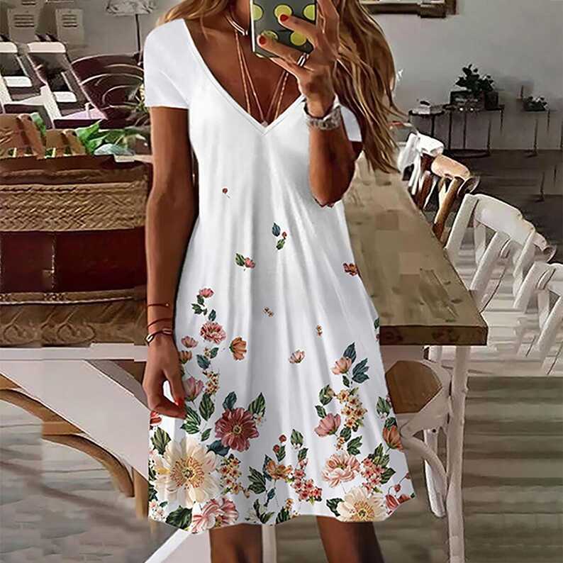 Women&#39;s Summer Mini Dress Casual Short Sleeve V Neck Floral Print ...