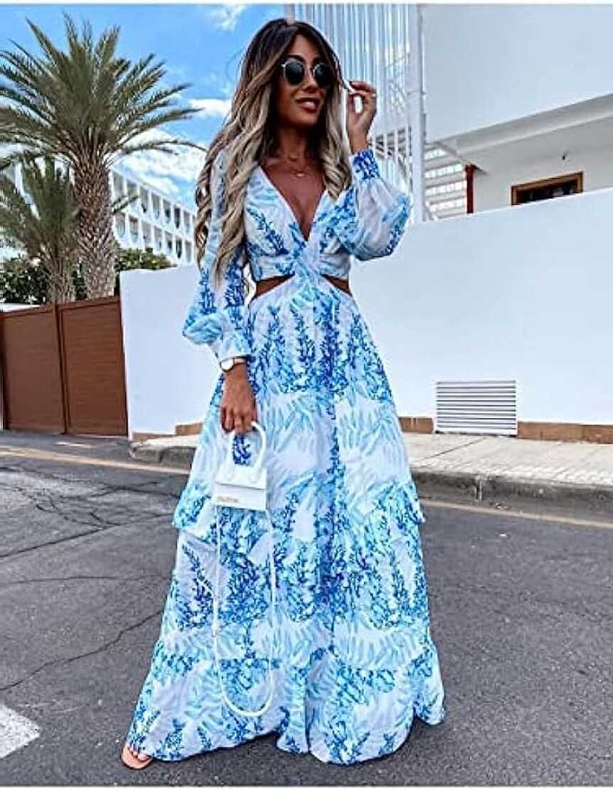 Women&#39;s Summer Printed Openwork Long Dress Maxi Cutout Floral ...