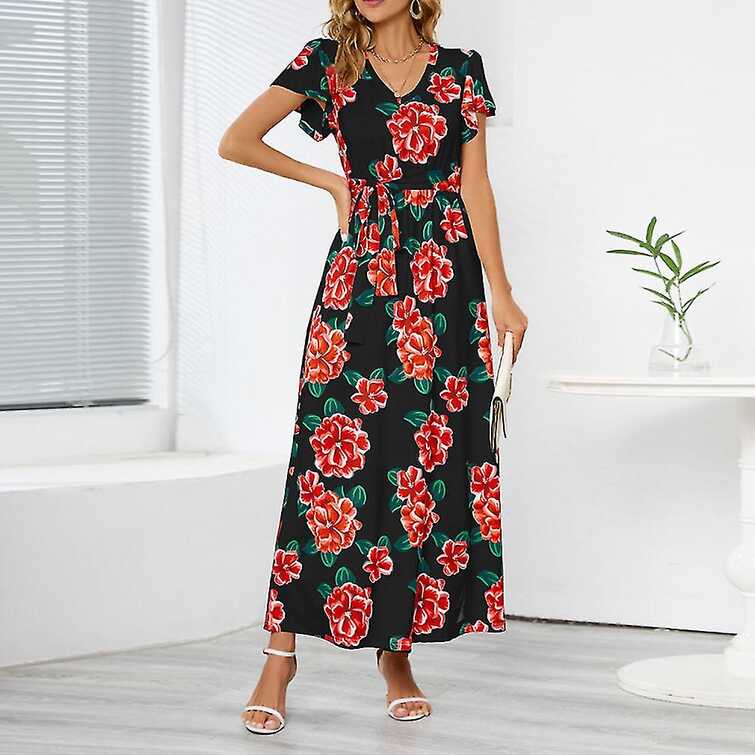 Women&#39;s Summer Short Sleeve V Neck Loose Maxi Dress Casual Long ...