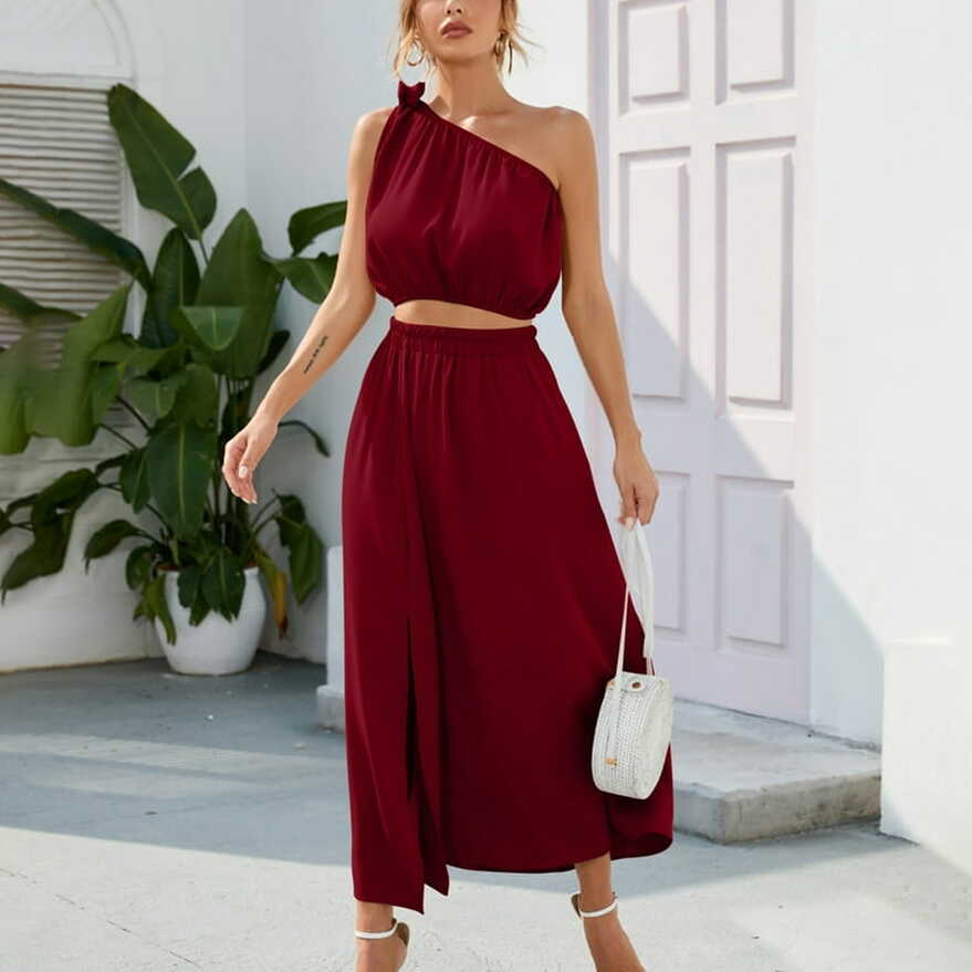 Women&#39;s Summer Two Piece Outfit Casual Cropped One Shoulder Top ...