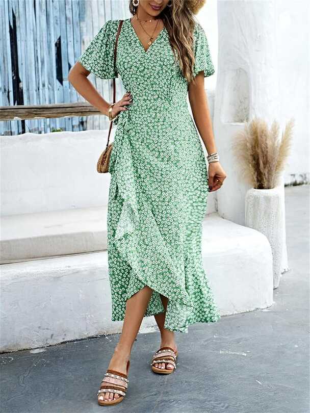 Women&#39;s Summer Wrap V Neck Short Sleeve Flowy Maxi Dress Casual ...