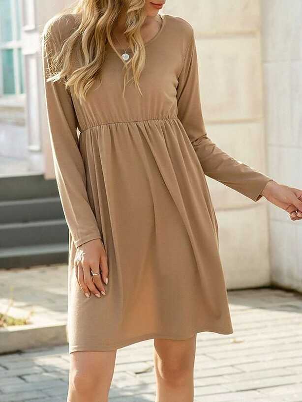 Women&#39;s Swing Dress Knee Length Dress - Long Sleeve Solid Color ...