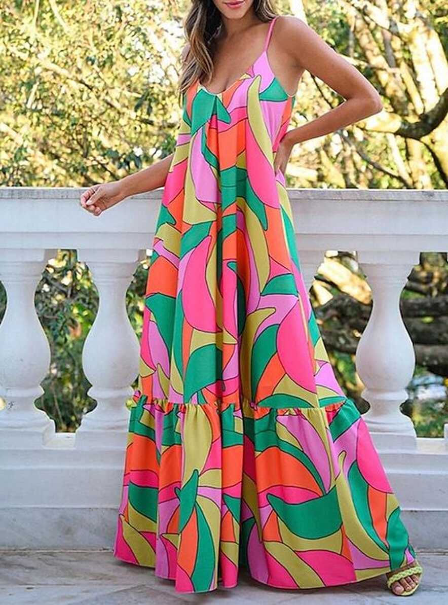 Women&#39;s Swing Dress Maxi long Dress Rainbow Sleeveless Color Block ...