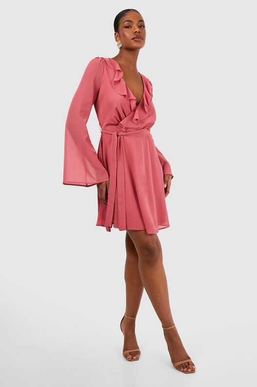 Women&#39;s Tall Chiffon Ruffle Wrap Skater Dress | Boohoo UK