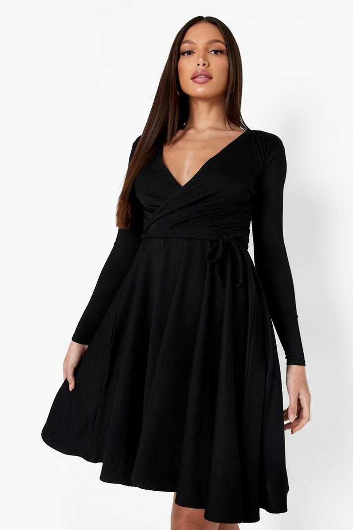 Women&#39;s Tall Wrap Over Long Sleeve Skater Dress | Boohoo UK