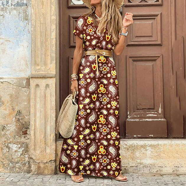 Women&#39;s V Neck Maxi Dress, Floral Printed Short/Long Sleeve, Boho ...