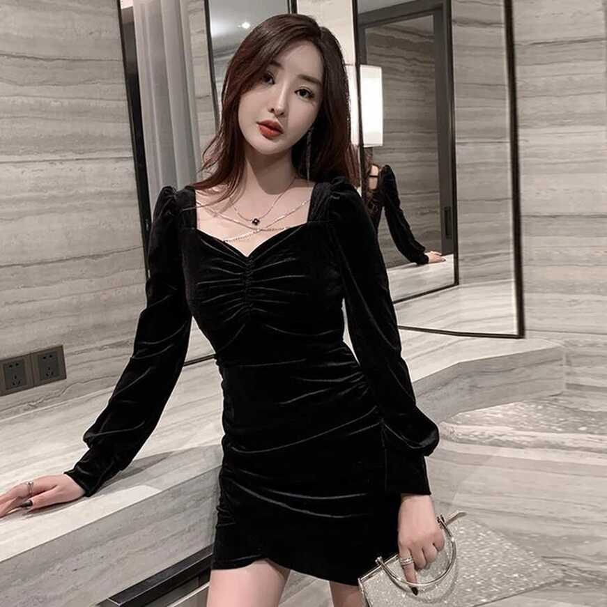 Women&#39;s V-Neck Short Velvet Dress Puff Long Sleeve High Waist ...