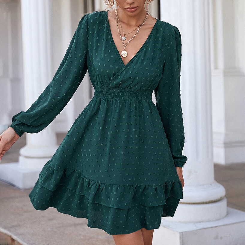 Women&#39;s V-Neck Short-sleeve Summer Mini Dress with Chiffon Dots ...