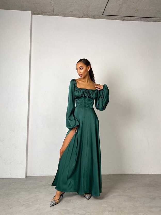 Women&#39;s Wedding Guest Maxi Dress. Emerald Square Neck Dress With ...