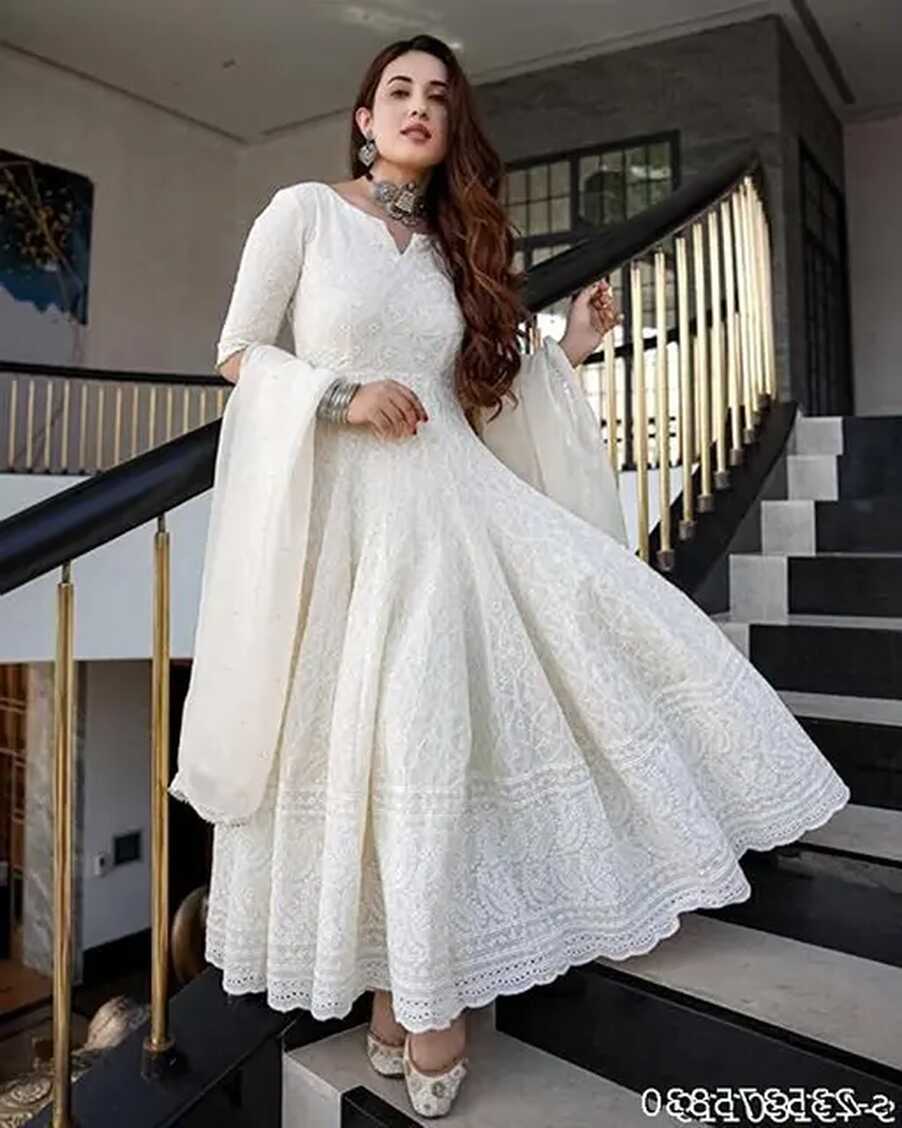 Women&#39;s White Anarkali Style Long Gown Kurta Set with Dupatta.