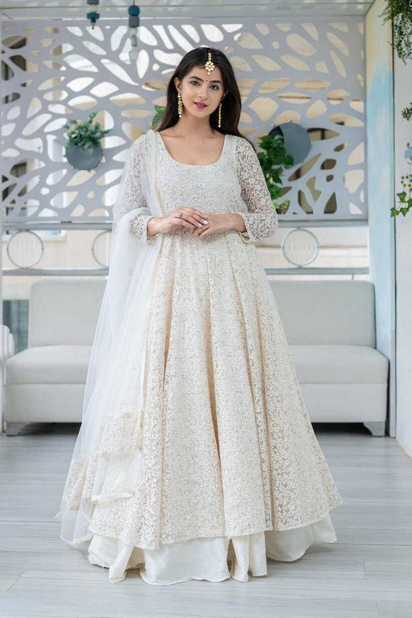 Women&#39;s White Anarkali suit set with Skirt &amp; Dupatta by Label Shaurya