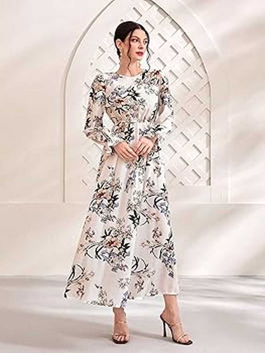 Women&#39;s White Dress Floral Print Sleeve Long Dress A-Line High ...