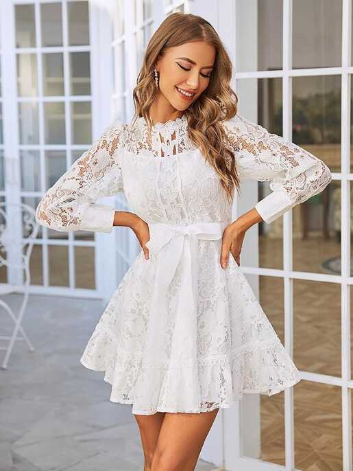 Women&#39;s White Dress Ruffle Hem Belted Lace Short Dress Puff Sleeve ...